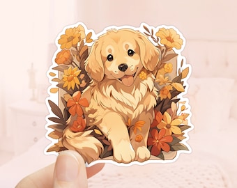 Golden Retriever Sticker, Fall Flowers, Autumn Season, Dog Lovers, Laptop Sticker, Tumbler Sticker, Waterproof Decal, Scrapbook Sticker