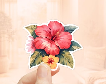 Tropisk hibiskusklistermärke, vattentät vinyl, tropiskt klistermärke, hawaiiansk blomma, hydroklistermärke, hibiskusblomma, blommig strandklistermärke