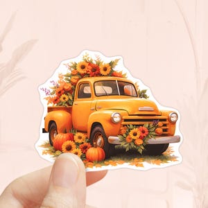 Adesivo de caminhão vintage com flores, vinil à prova d'água, cottagecore, adesivos de outono, adesivos vintage, temporada de outono, abóboras