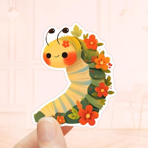 Sticker chenille mignonne avec fleurs, sticker pour ordinateur portable, sticker insecte, sticker imperméable, sticker chenille, art insecte pour chambre d'enfant, cadeaux pour amoureux des insectes