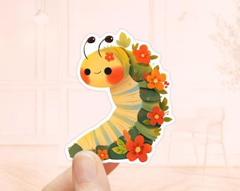 Söt larv med blommor klistermärke, laptop klistermärke, insektsdekal, vattentätt klistermärke, larv klistermärke, insektskonst för barn, presenter till insektsälskare