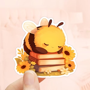 Sticker hommel slapen op boeken, lentebloemen, waterdicht vinyl, cadeaus voor boekenliefhebbers, Kindle-stickers, bijstickers, leesliefhebbers