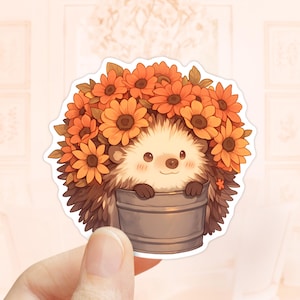 Blumen Igel in einer Dose Aufkleber, Herbst Aufkleber, Laptop Aufkleber, Igel Aufkleber, wasserdichtes Vinyl, süße Tiere Aufkleber