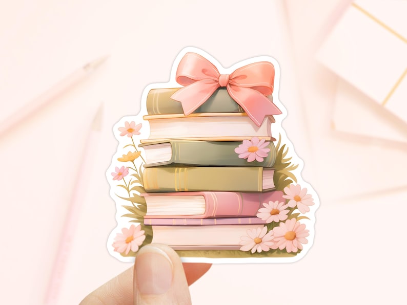 May include: A stack of books with a pink bow on top, surrounded by pink flowers. The books are various shades of brown and green, with a pink and white book on top.