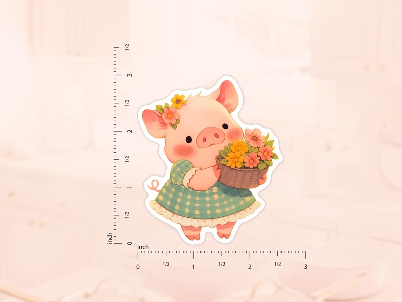 May include: A pink pig wearing a blue and white checkered dress holds a pot of colorful flowers.