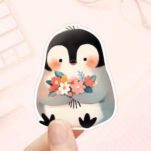Pegatina de pingüino lindo con flores, pegatina para computadora portátil, amante de los animales, pegatina impermeable, pegatinas para diario, pegatinas de animales lindos, pingüino bebé