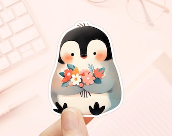 Pegatina de pingüino lindo con flores, pegatina para computadora portátil, amante de los animales, pegatina impermeable, pegatinas para diario, pegatinas de animales lindos, pingüino bebé
