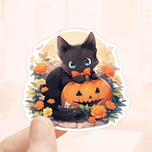 Pegatina de gato negro con calabaza, pegatina de vinilo, otoño, pegatina para portátil, temporada espeluznante, temporada de otoño, pegatina impermeable, pegatinas de Halloween
