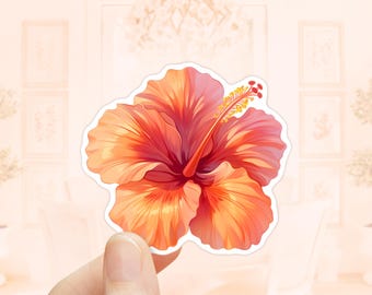 Sticker oranje hibiscus, waterdicht vinyl, tropische sticker, Hawaiiaanse bloem, hydrosticker, hibiscusbloem, tropische bloem sticker