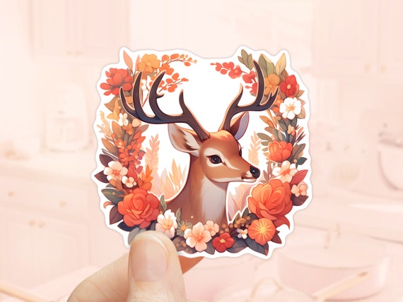 Floral Deer Sticker, Reindeer, Cottagecore, Animal Stickers, Laptop Sticker, Tumbler Sticker, Waterproof Decal, Scrapbook Sticker, Fawn