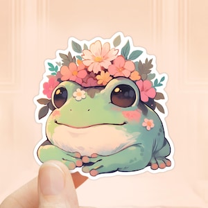 Pegatina de rana linda con flores, vinilo resistente al agua, pegatina para computadora portátil, pegatina de rana linda, pegatinas para vasos, regalo para amantes de las ranas, Froggy