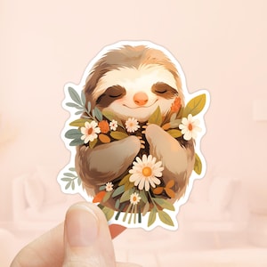 Faultier mit Blumen Aufkleber, wasserdichtes Vinyl, Faultier Aufkleber, Laptop Aufkleber, Süßtier Aufkleber, Dschungeltiere Kunst, Frühlingsblumen