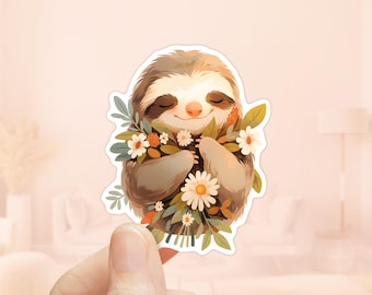 Sloth with Flowers Sticker, waterproof vinyl, Sloth Sticker, Laptop Sticker, Cute Animal Stickers, Jungle Animals Art, Spring Flowers