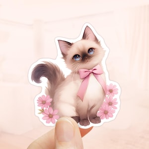 Sticker coquette chat siamois, Stickers girly, Vinyle imperméable, Cadeaux chat siamois, Fleurs roses, Sticker chat siamois, Coquette chat, Noeud rose