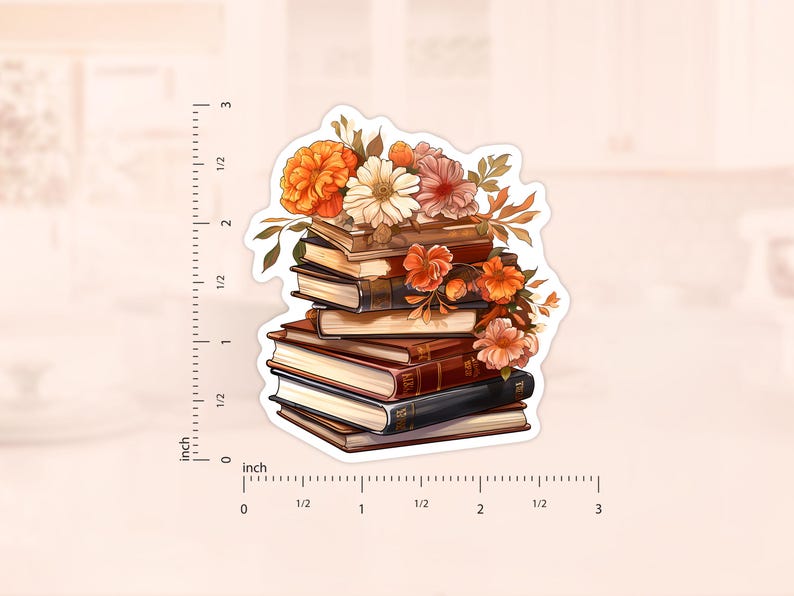 May include: A stack of vintage books with a floral arrangement of orange, white, and red flowers. The books are stacked on top of each other and the flowers are arranged around the books.