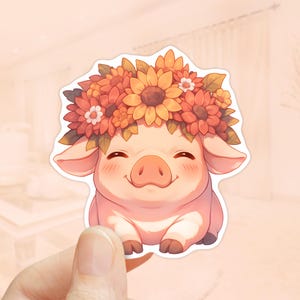 Pegatina de cerdito rosa con flores, pegatina de cerdo, pegatina para portátil, pegatinas para amantes de los animales, pegatinas impermeables, pegatinas de animales de granja, corral