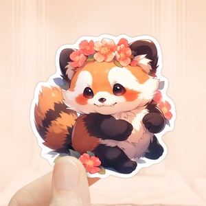 Süßer Roter Panda mit Blumen Aufkleber, Laptop Aufkleber, Niedliche Tiere Aufkleber, Wasserdichte Aufkleber, VinylPanda, Kawaii Roter Panda Geschenk
