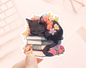 Sticker Chat noir dormant sur des livres, Fleurs de printemps, Vinyle imperméable, Cadeaux pour les amateurs de lecture, Stickers Kindle, Stickers de lecture, Amoureux des chats