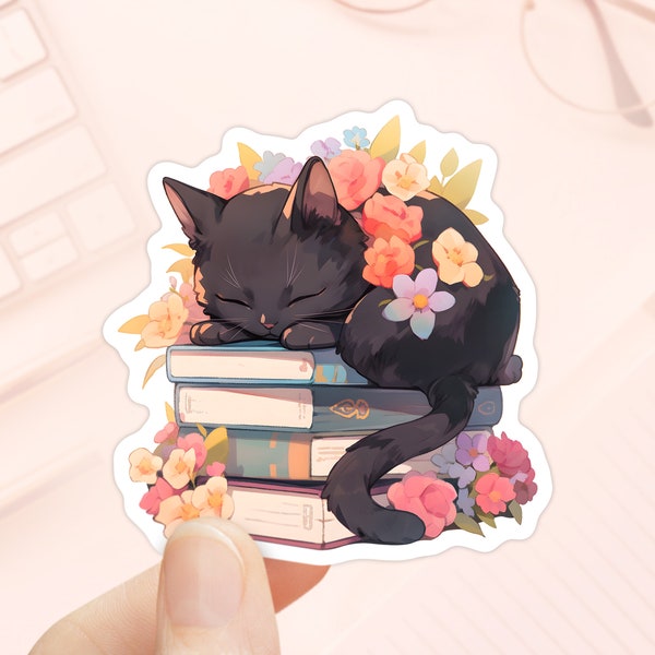 Black Cat Sleeping on Books Sticker, Spring Flowers, Waterproof Vinyl, Book Lovers Gifts, Kindle Stickers, Reading Stickers, Cat lovers