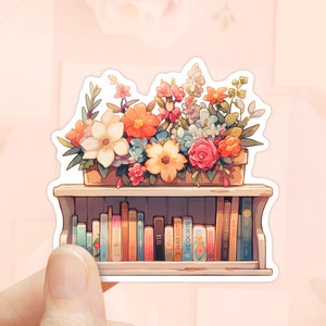 Sticker boekenplank met bloemen, sticker boeken, cadeaus boekenliefhebbers, Kindle-stickers, leesstickers, sticker hydro, sticker waterfles