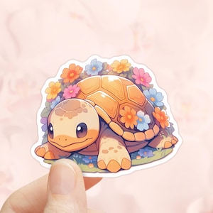 Sticker tortue avec fleurs, fleurs de printemps, vinyle imperméable, sticker gobelet, autocollants tortue, autocollants fleurs, amoureux des tortues