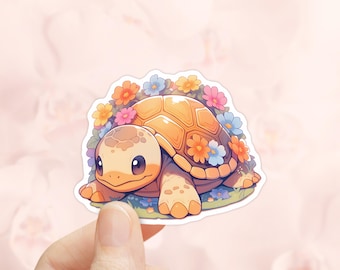 Turtle with Flowers Sticker, Spring Flowers, Waterproof Vinyl, Tumbler Decal, Turtle Stickers, Flower Stickers, Turtle Lovers