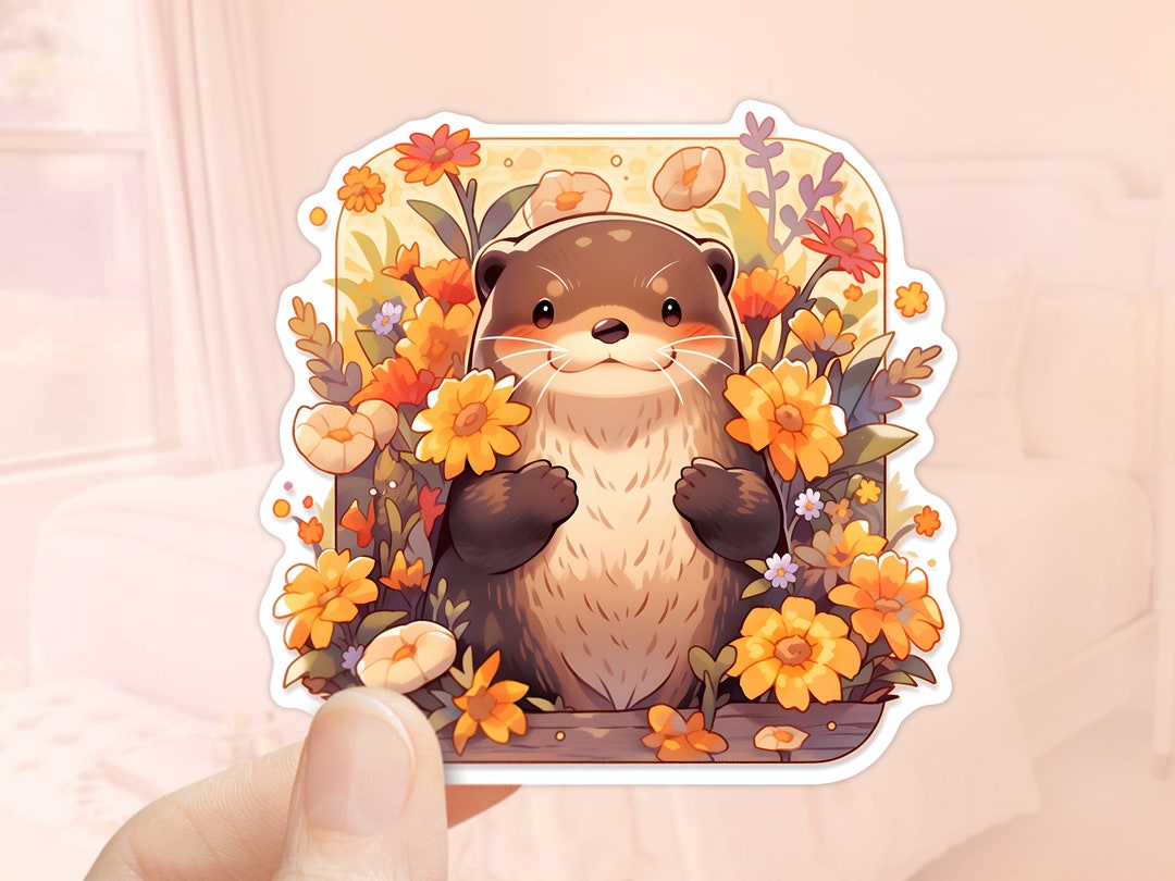 Cute Otter Floral Sticker, Vinyl Sticker, Fall Season, Laptop Sticker ...