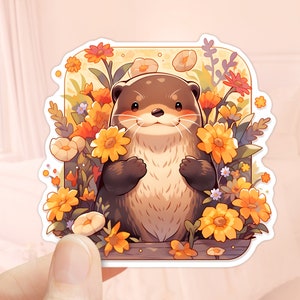 Niedlicher Otter Blumen Aufkleber, Vinyl Aufkleber, Herbst Saison, Laptop Aufkleber, Kindle Aufkleber, Scrapbooking, wasserdichter Aufkleber, Herbst Aufkleber