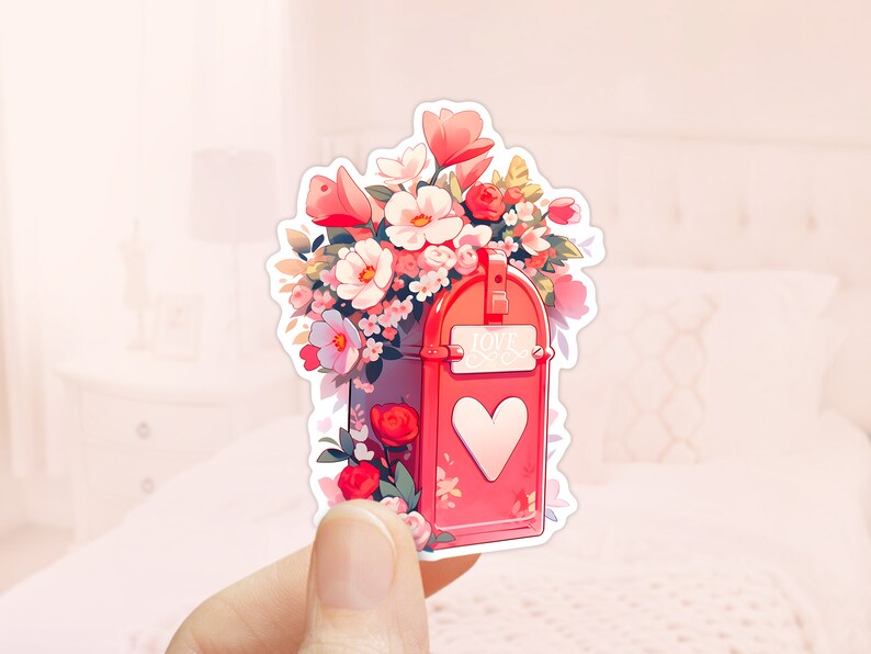May include: A red mailbox with a heart-shaped opening and the words "Love Mail" on the front. The mailbox is overflowing with pink, white, and red flowers.