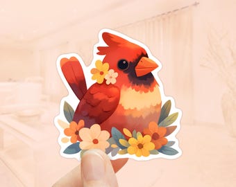 Cardinal Bird with Flowers Sticker, Waterproof Vinyl, Laptop Sticker, Birdwatcher, Bird Stickers, Red Cardinal Sticker, Bird Lovers Gift