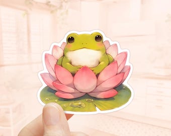 Frog Lotus Flower Sticker, Lily Pad Sticker, Waterproof Vinyl, Cute Animals Sticker, Laptop Sticker, Water Bottler Sticker, Silly Frog