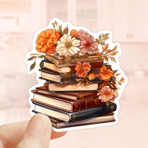 Pilha de livros com adesivo de flores de outono, vinil à prova d'água, Cottagecore, adesivo Kindle, adesivos de outono, adesivos Hygge, amantes de livros
