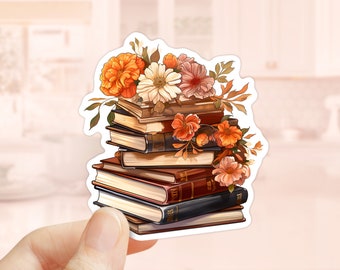 Stack of Books with Fall Flowers Sticker, Waterproof Vinyl, Cottagecore, Kindle Sticker, Autumn stickers, Hygge Stickers, Book Lovers