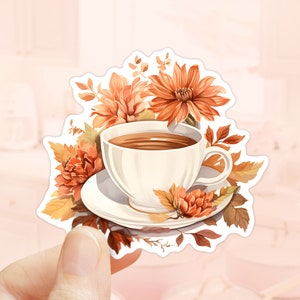 Pegatina floral de taza de café, temporada de otoño, pegatinas para portátiles, regalo para los amantes del café, pegatina de vinilo, pegatina de botella de agua, pegatinas de otoño