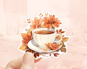 Coffee Cup Floral Sticker, Autumn Season, Laptop Stickers, Gift for coffee lovers, Vinyl Sticker, Waterbottler Sticker, Fall Stickers