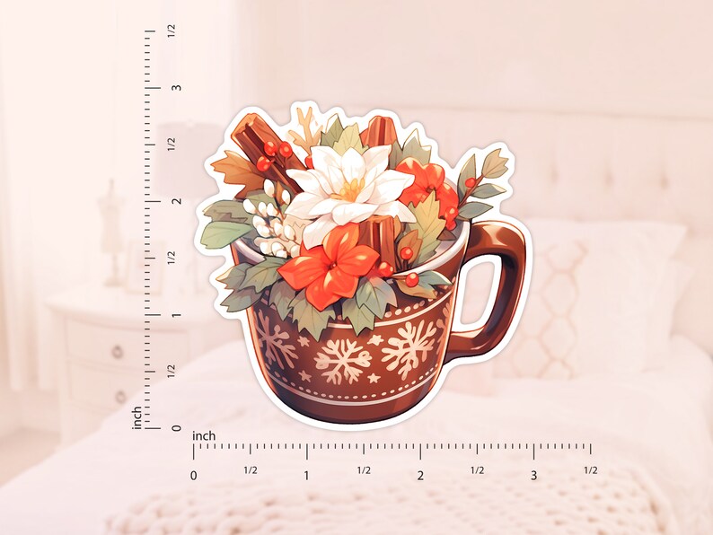 May include: A brown ceramic mug with a snowflake pattern filled with a white flower, red flowers, green leaves, and cinnamon sticks. The mug has a white outline.
