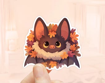 Cute Bat with Fall Leaves Sticker, Water Bottle Stickers, Fall Stickers, Cute Animal Sticker, Spooky Season, Bat Sticker, Autumn, Halloween
