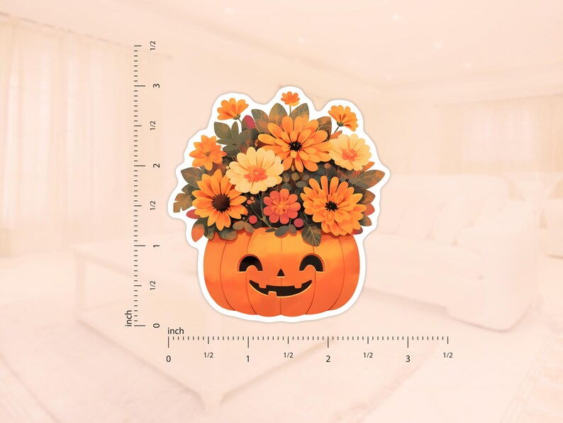 K&ouml;nnte beinhalten: Ein l&auml;chelnder K&uuml;rbis mit einem Strau&szlig; orangefarbener, gelber und roter Blumen im Inneren. Der K&uuml;rbis ist orange und die Blumen sind symmetrisch angeordnet.