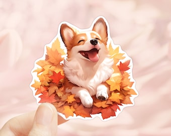 Welsh Corgi Sticker, Maple Leaves, Autumn Season, Fall Sticker, Laptop Sticker, Tumbler Sticker, Waterproof Decal, Scrapbook Sticker