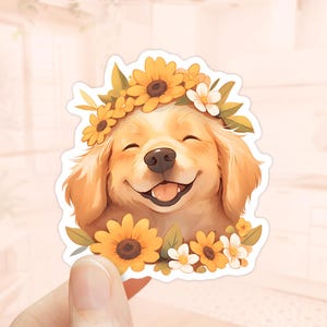 Adesivo fofo de Golden Retriever, vinil à prova d'água, adesivo para garrafa de água, mãe de cachorro, adesivo para laptop, presentes para cachorro Golden Retriever, flores da primavera