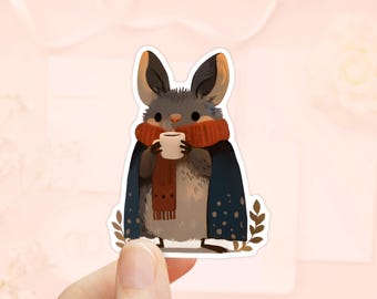 Bat Drinking Coffee Sticker, Waterproof sticker, Cozy Sticker, Cute Animal Sticker, Bat Sticker, cozy fall sticker, Autumn Bat