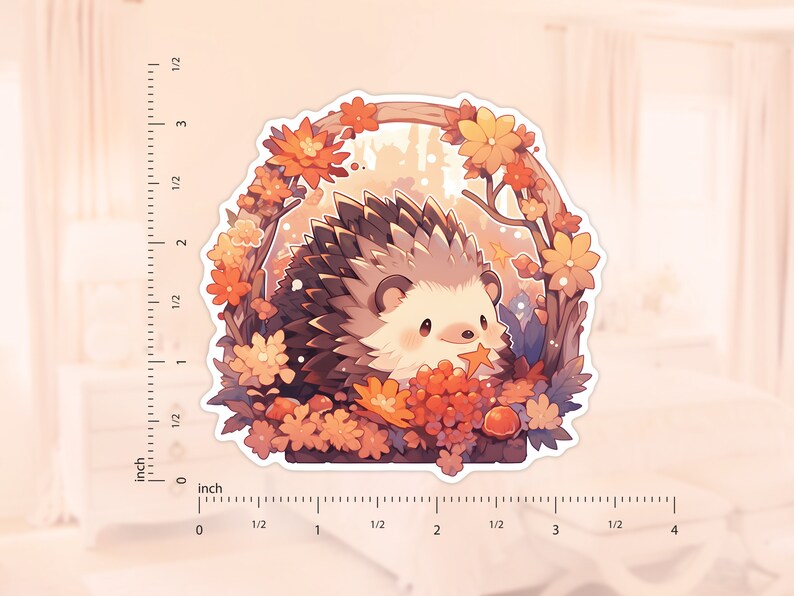 May include: A sticker featuring a cute hedgehog illustration. The hedgehog is surrounded by autumn leaves and flowers in shades of orange, yellow, and brown. The sticker has a white border and is approximately 7.6 cm wide.