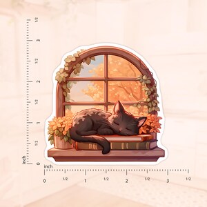 May include: A sticker featuring a black cat sleeping on books in a window. The window has a view of autumn trees and is decorated with vines and flowers. The sticker measures approximately 3 inches in height.