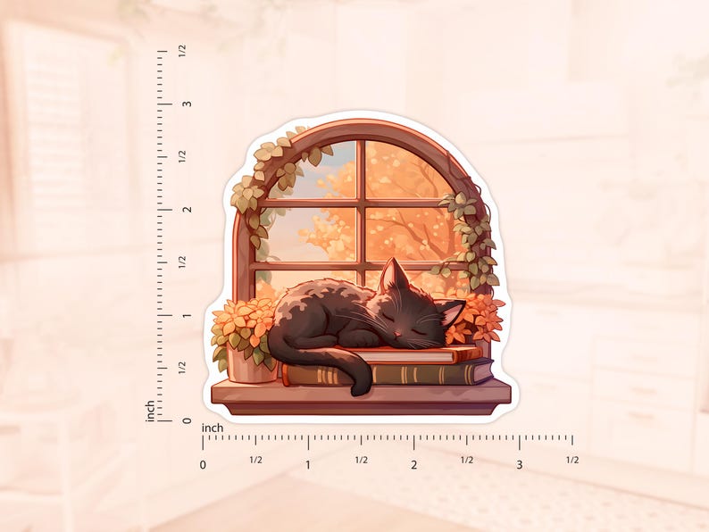 May include: A sticker featuring a black cat sleeping on books in a window. The window has a view of autumn trees and is decorated with vines and flowers. The sticker measures approximately 3 inches in height.