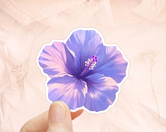 Paarse hibiscussticker, waterdicht vinyl, tropische stickers, Hawaiiaanse bloem, aquarelhibiscus, waterflessticker, hibiscusbloemen