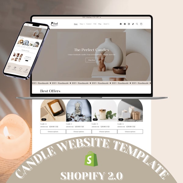 Shopify Clean Candle Website Template, Minimal Website Theme For Small Business, Handcrafted Website Template, Shopify Candle Theme Template