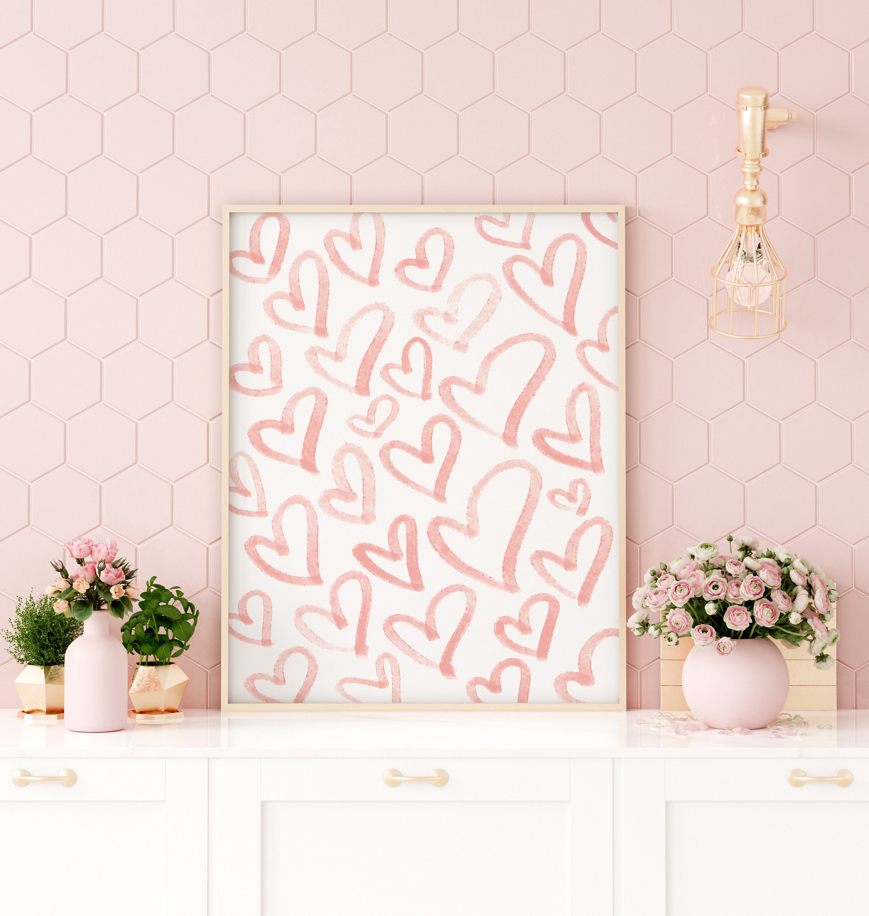 Pink Hearts Printable Heart Poster Bedroom Wall Art Girl's Room Decor ...