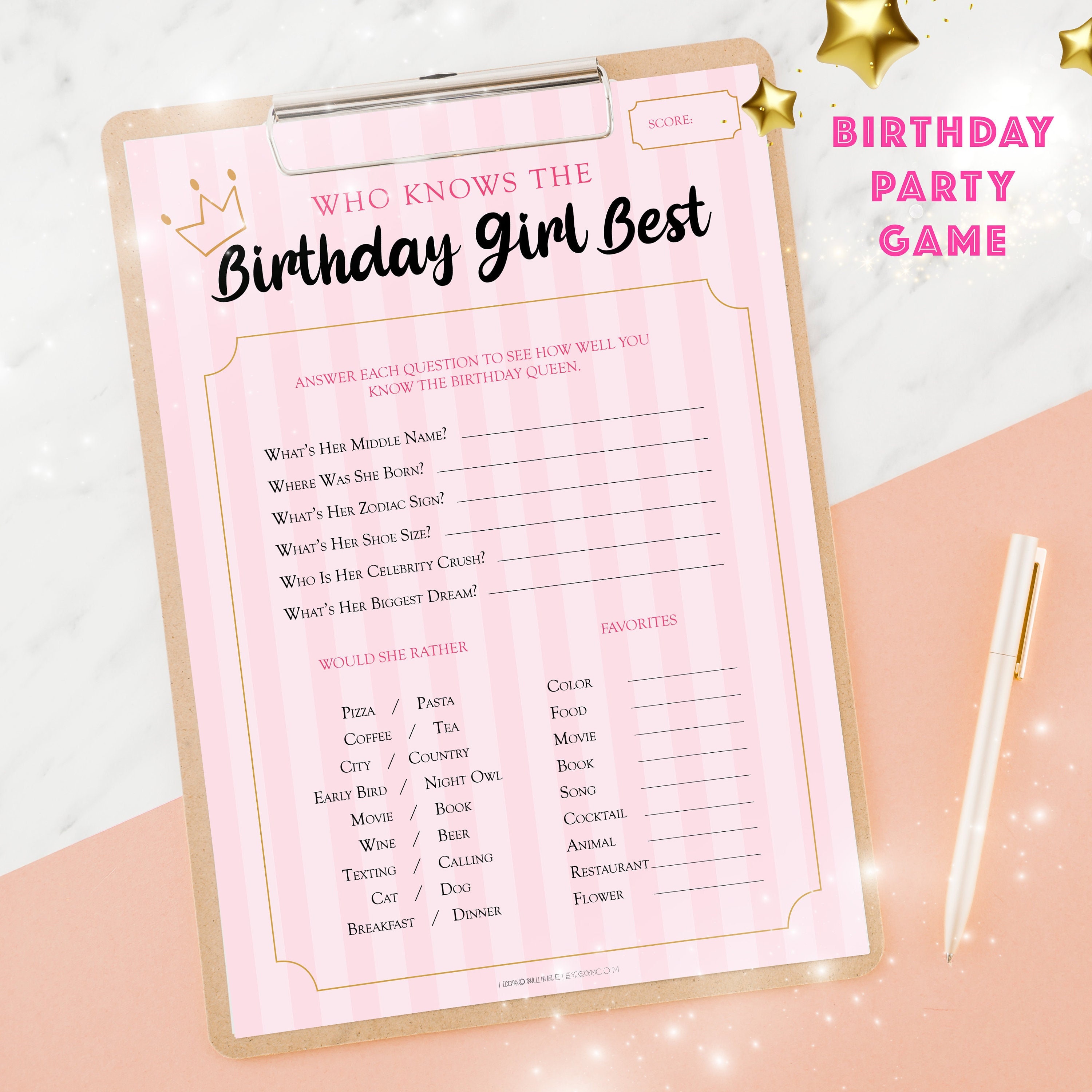 Who knows the birthday girl best birthday party games printable