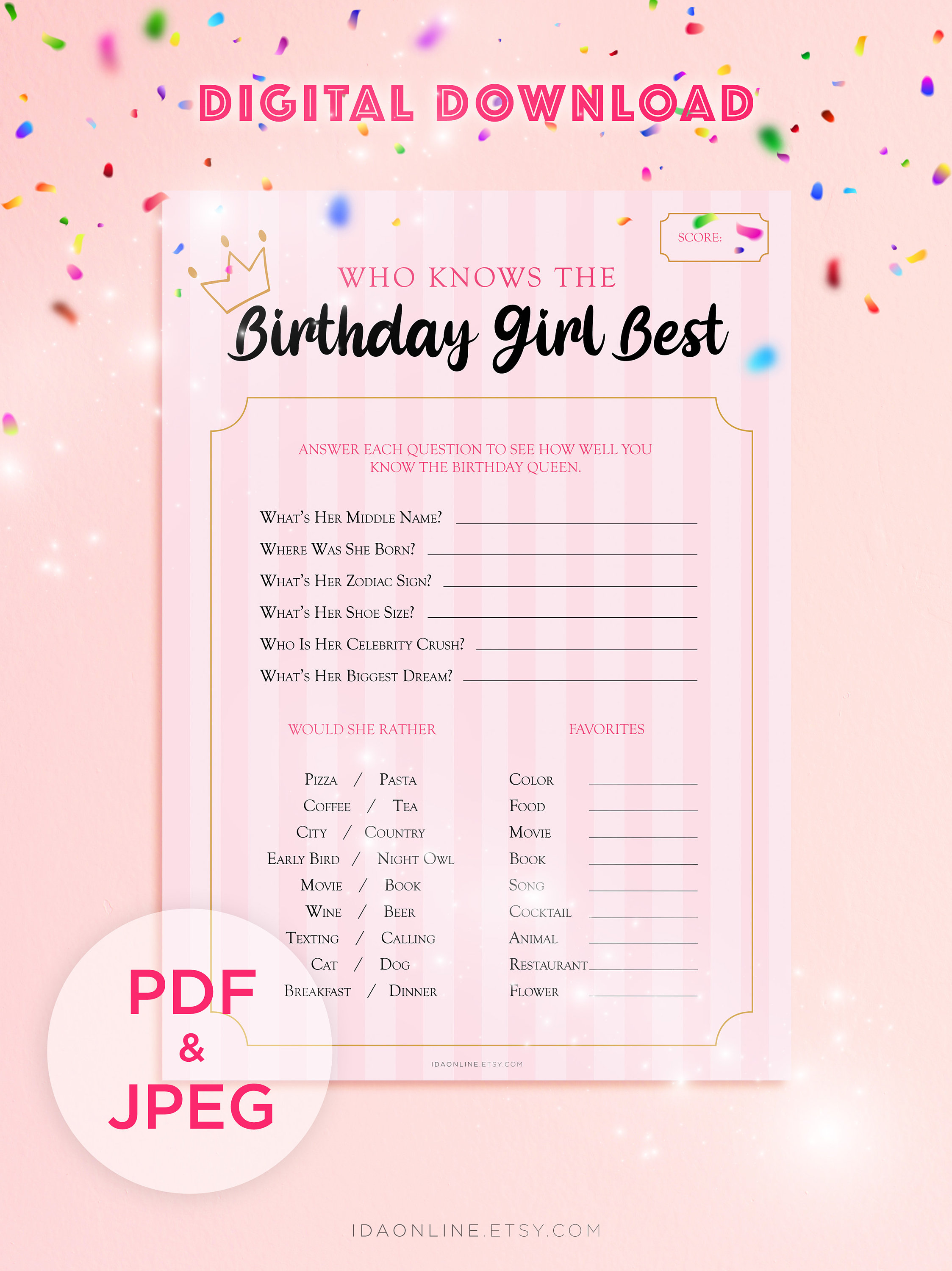 Who knows the birthday girl best birthday party games printable