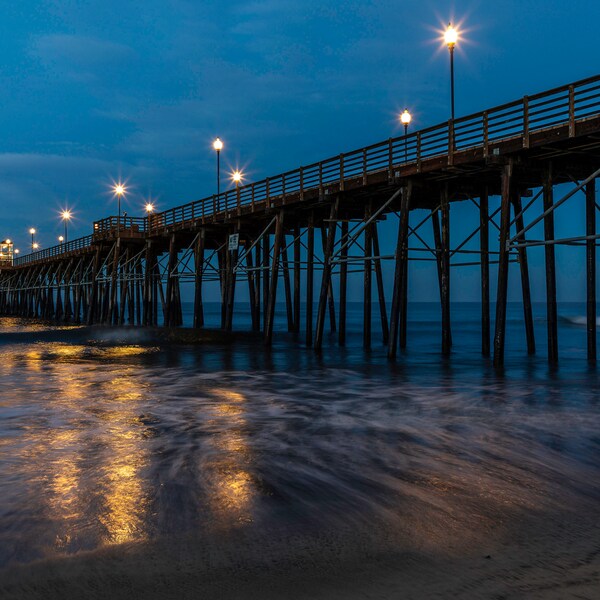 Oceanside California Pier Blue Dawn Soft Waves West Coast Beach Ruby’s Restaurant Starburst Lamps Canvas Bedroom Living Room Office Wall Art